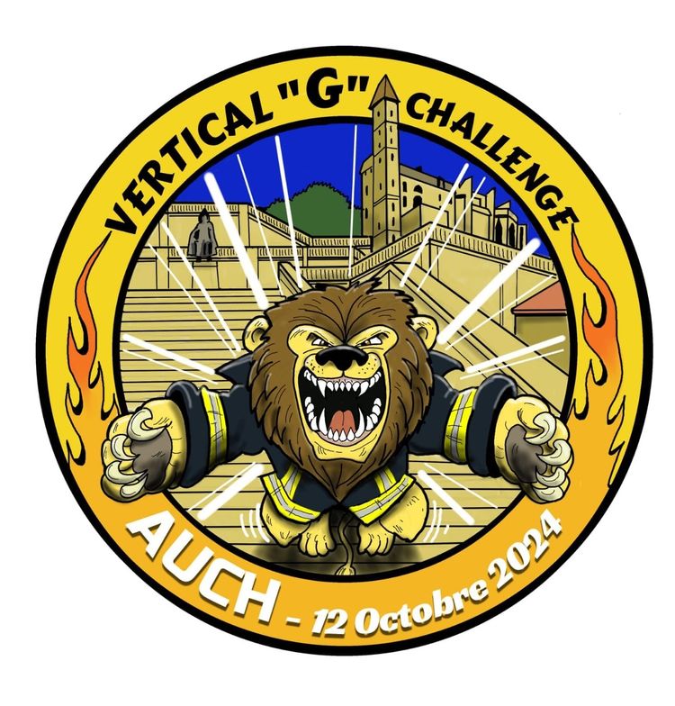 Le logo du Vertical G Challenge représentant un lion combattif en tenue de pompiers au pied de l'escalier monumental d'Auch